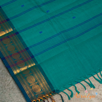 Chettinad Cotton Saree - Teal Green with Antique Gold Jari Border