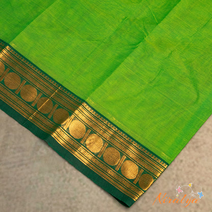 Chettinad Cotton Saree - Parrot Green with Antique Gold Jari Border