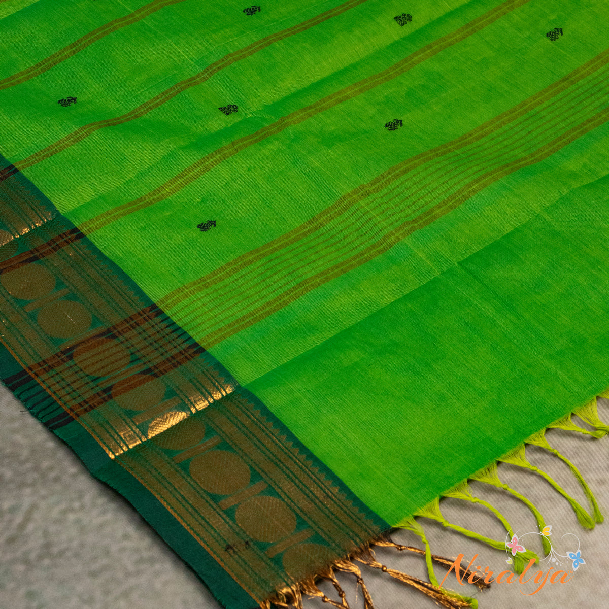 Chettinad Cotton Saree - Parrot Green with Antique Gold Jari Border
