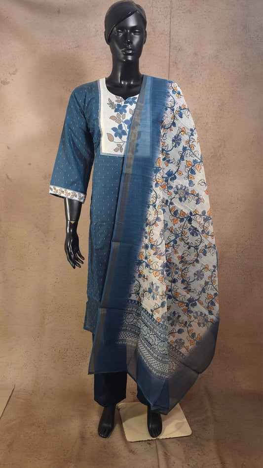 Kurti - Denim Blue Chanderi - 3 Piece Kurti Set