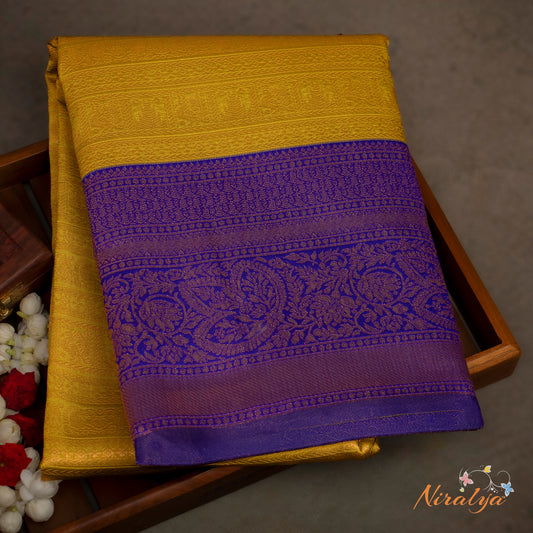 Semi Silk Saree - Mustard Yellow with Purple Jari Border