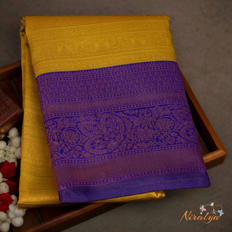 Semi Silk Saree - Mustard Yellow with Purple Jari Border