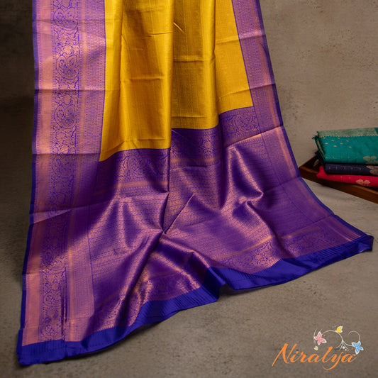 Semi Silk Saree - Mustard Yellow with Purple Jari Border