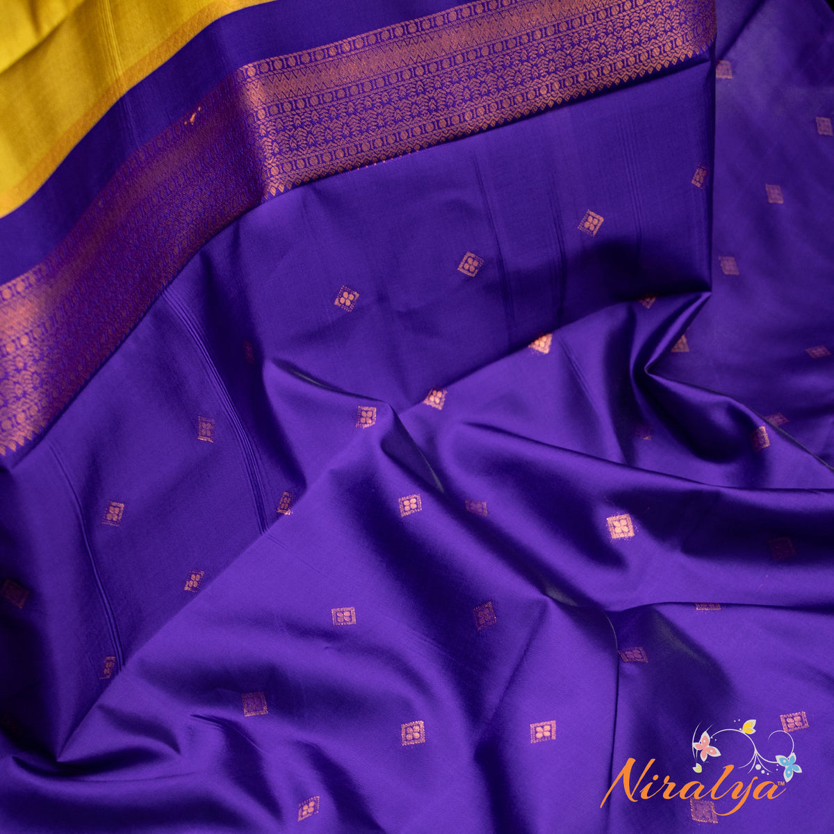 Semi Silk Saree - Mustard Yellow with Purple Jari Border