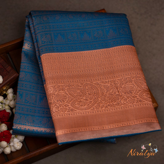 Semi Silk Saree - Teal Blue with Copper Jari Border