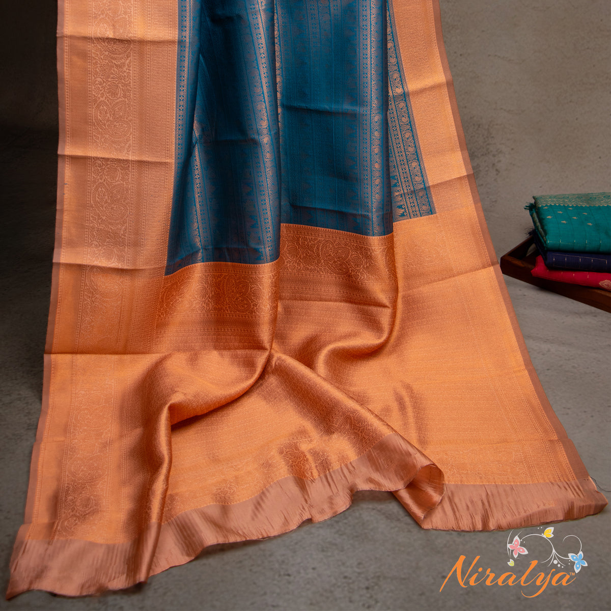 Semi Silk Saree - Teal Blue with Copper Jari Border