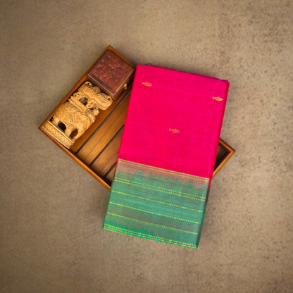 Pure Silk Cotton Saree - Rani Pink with Green