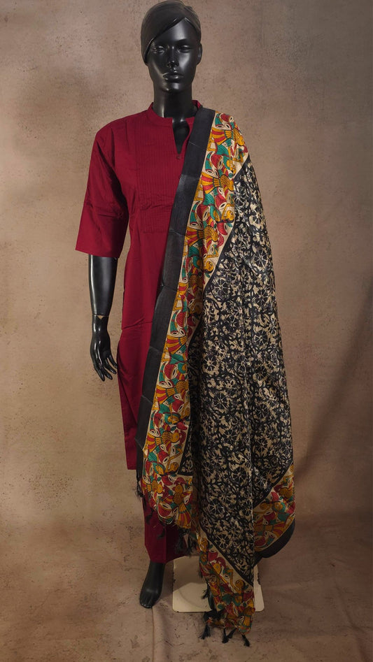 Kurti - Deep Maroon - 3 Piece Kurti Set