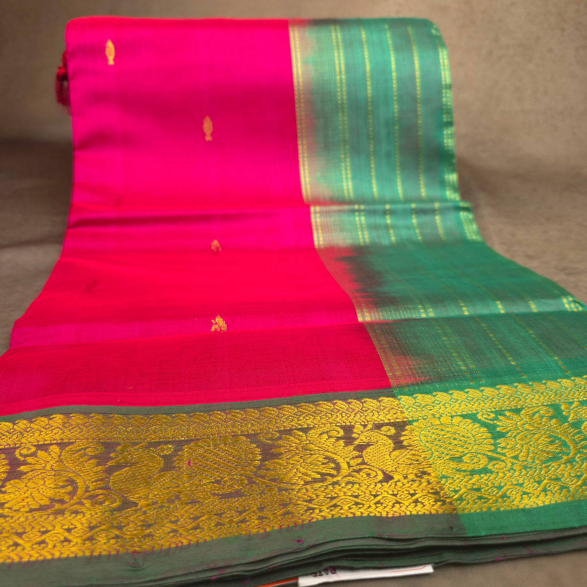 Pure Silk Cotton Saree - Rani Pink with Green