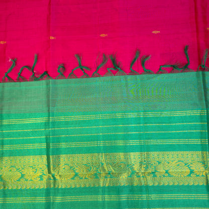 Pure Silk Cotton Saree - Rani Pink with Green