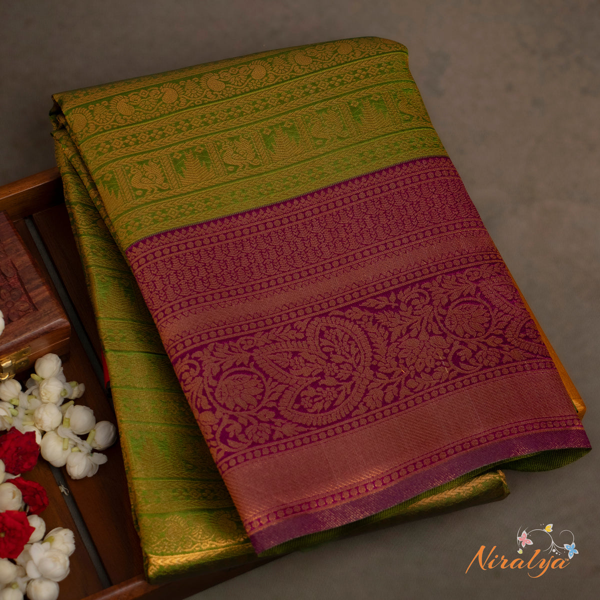 Semi Silk Saree - Green with Magenta Jari Border