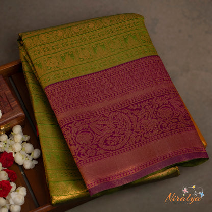 Semi Silk Saree - Green with Magenta Jari Border