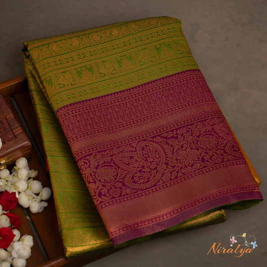 Semi Silk Saree - Green with Magenta Jari Border