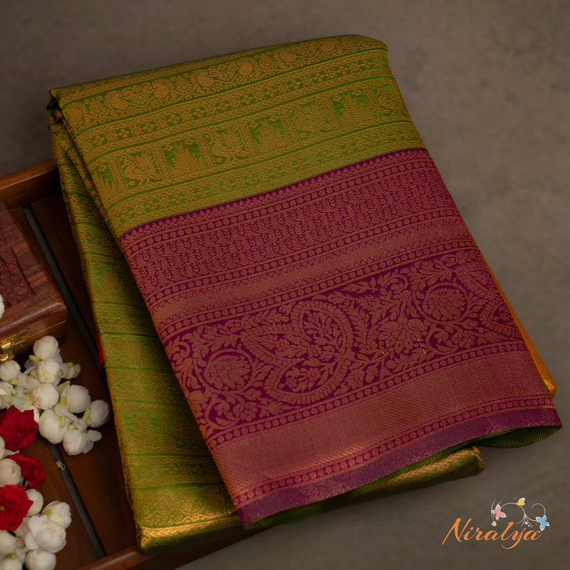 Semi Silk Saree - Green with Magenta Jari Border