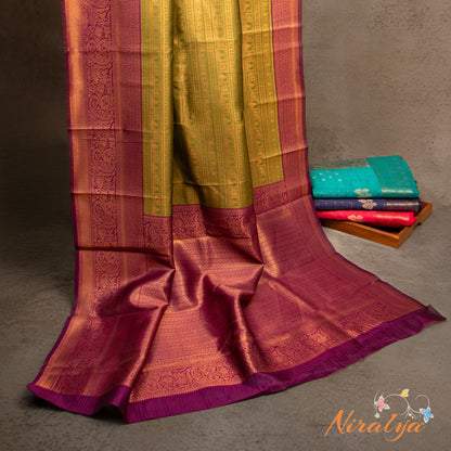 Semi Silk Saree - Green with Magenta Jari Border