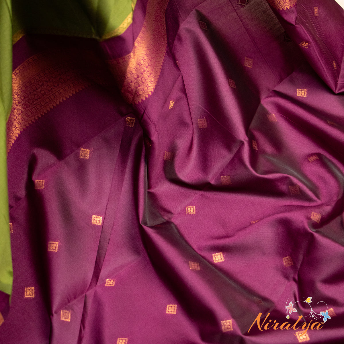 Semi Silk Saree - Green with Magenta Jari Border