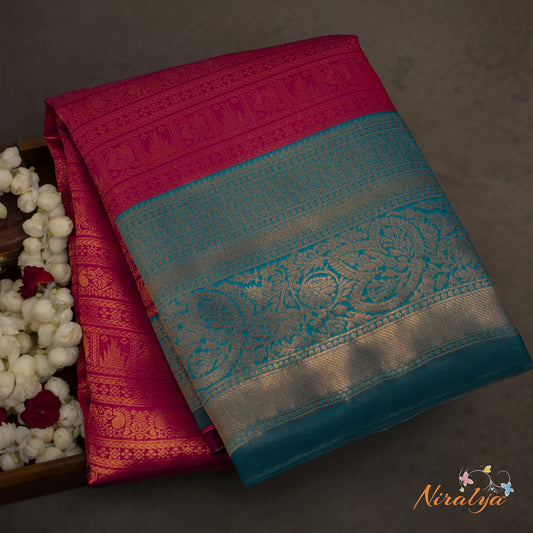 Semi Silk Saree - Magenta with Teal Blue Jari Border