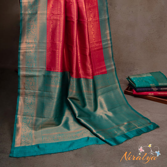 Semi Silk Saree - Magenta with Teal Blue Jari Border