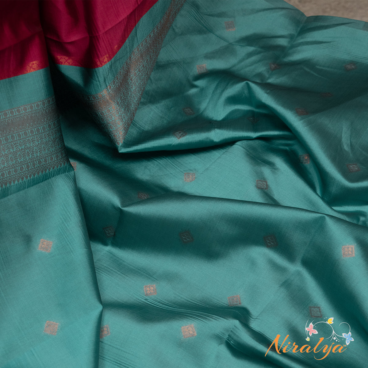 Semi Silk Saree - Magenta with Teal Blue Jari Border