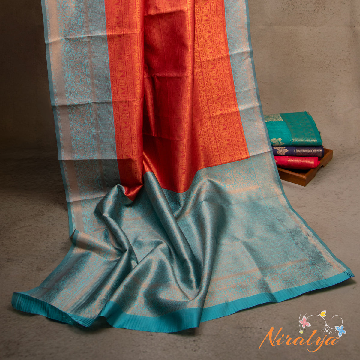 Semi Silk Saree - Maroon with Sky Blue Jari Border