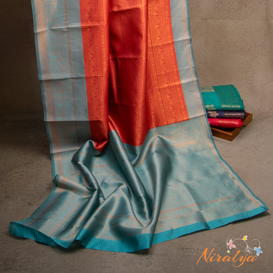 Semi Silk Saree - Maroon with Sky Blue Jari Border