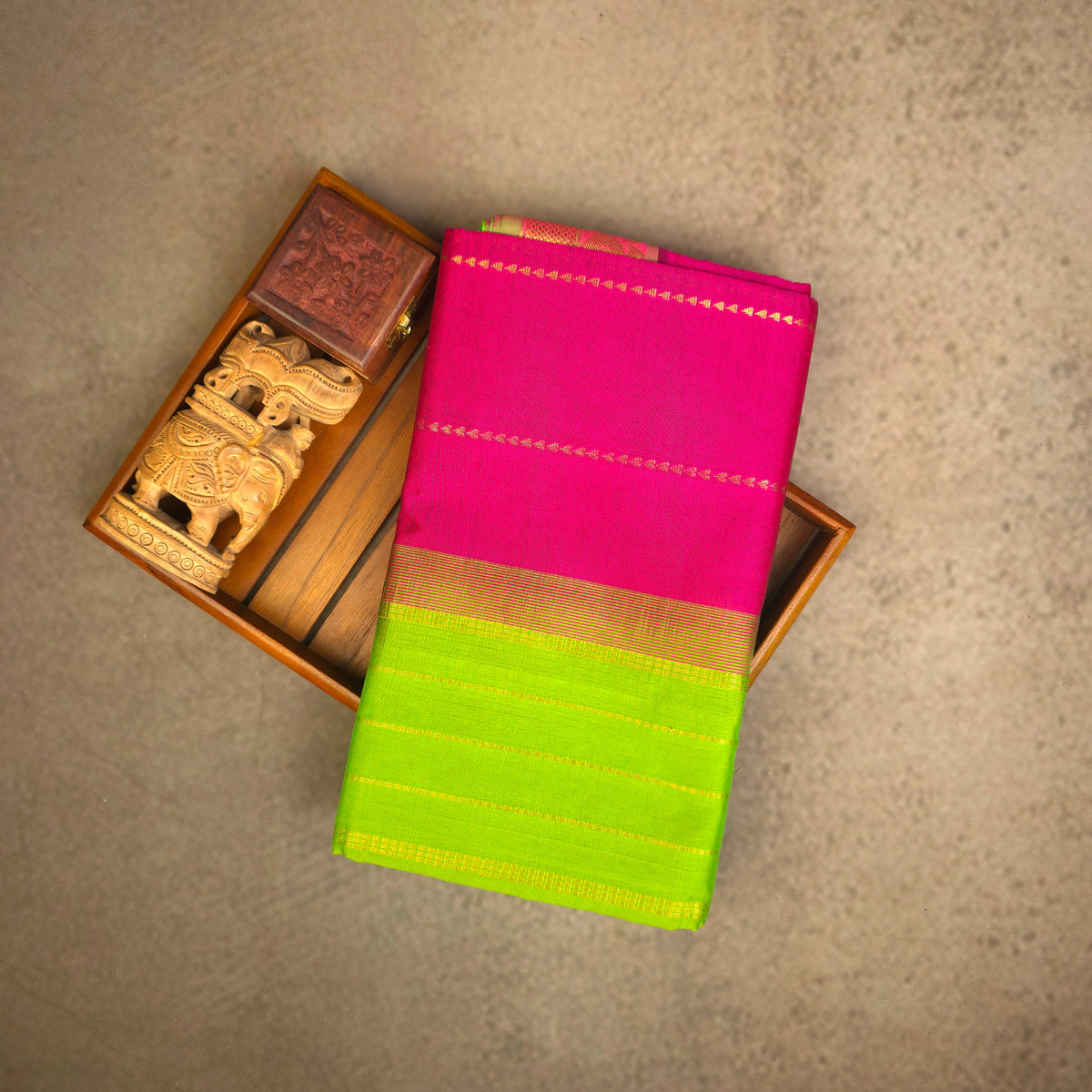 Silk Cotton Saree - Dark Pink with Lime Green