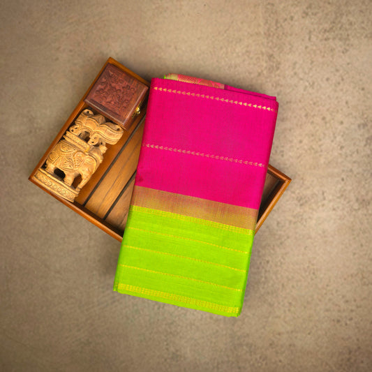Silk Cotton Saree - Dark Pink with Lime Green