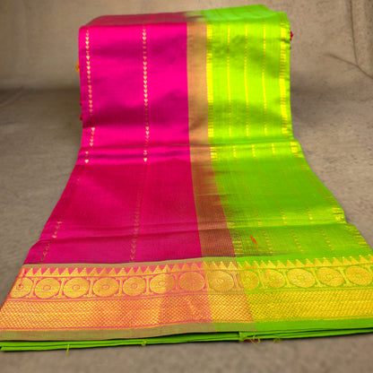 Silk Cotton Saree - Dark Pink with Lime Green