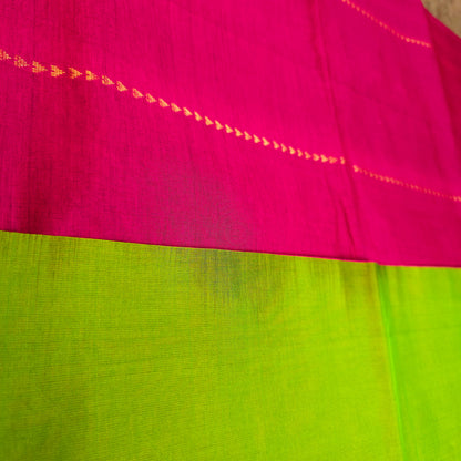 Silk Cotton Saree - Dark Pink with Lime Green