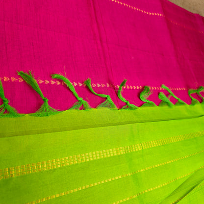 Silk Cotton Saree - Dark Pink with Lime Green