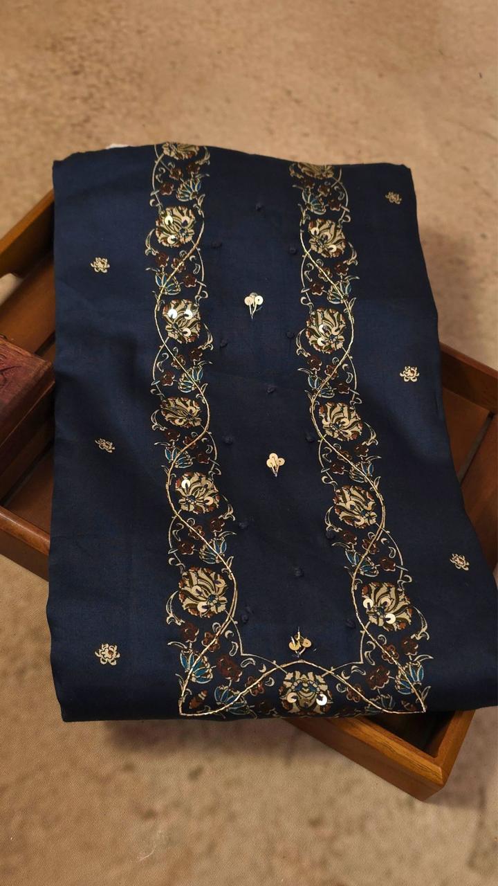 Salwar Material - Navy Blue Embroidered