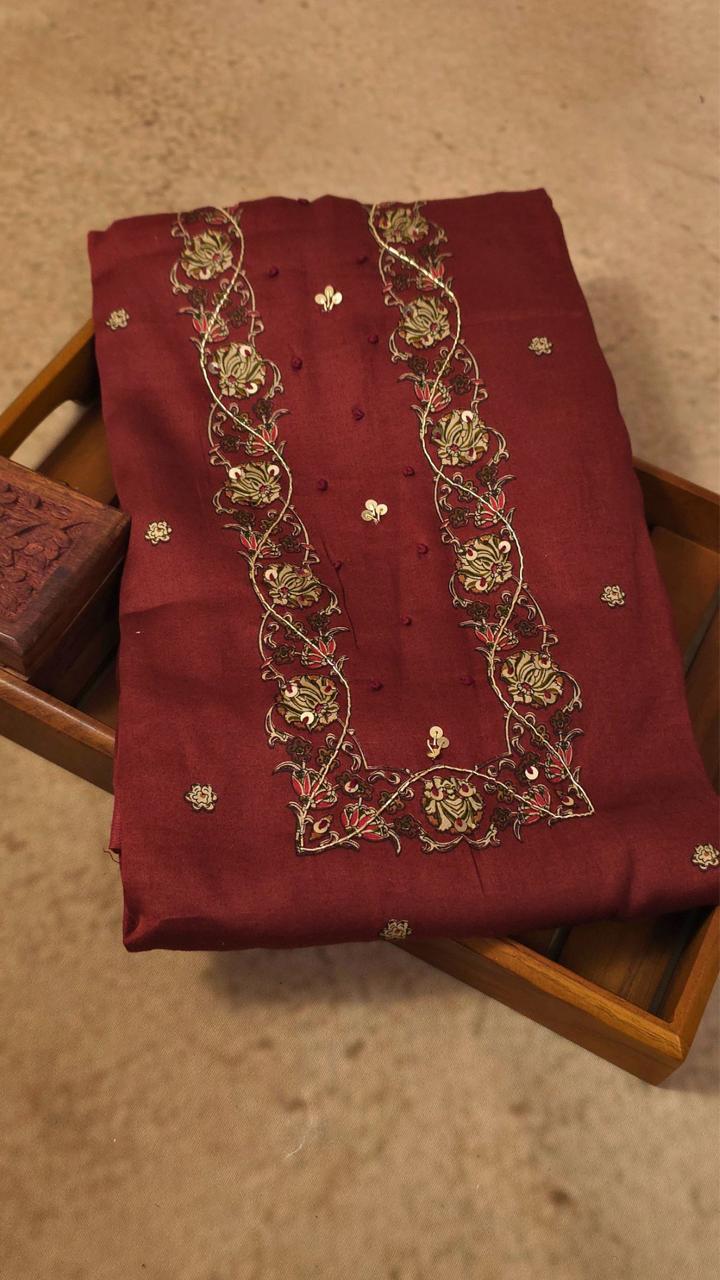 Salwar Material - Wine Maroon Embroidered