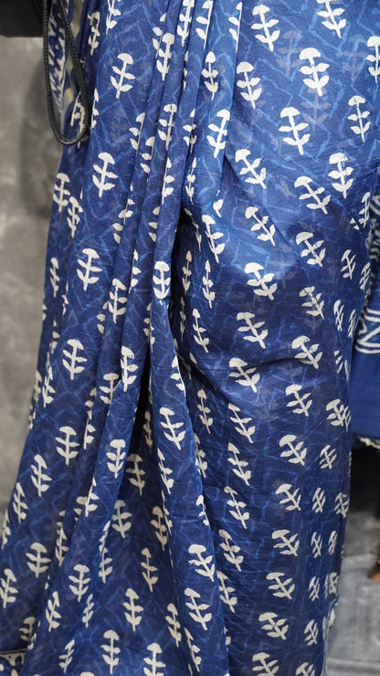 Chanderi Cotton Saree with Jaipur Handblock Prints - Indigo Blue