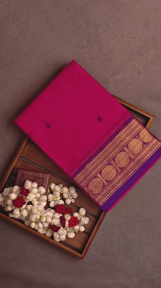 Chettinad Cotton Saree - Rani Pink with a Purple Jari Border