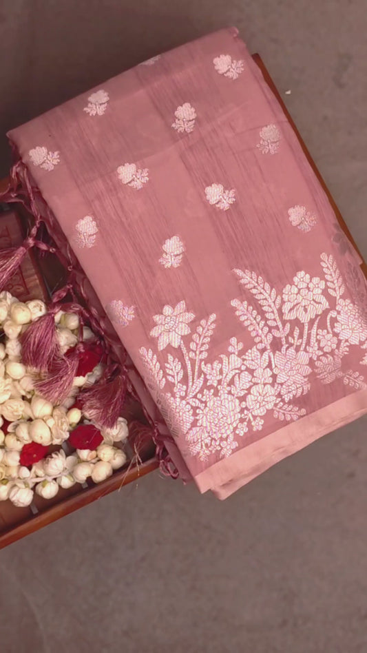 Silk-type Saree - Dusty Rose with Silver Jari Border