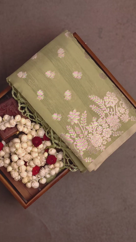 Silk-type Saree - Pistachio Green with Silver Jari Border