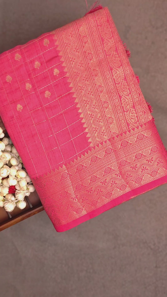 Tussar Silk Saree - Rani Pink with Gold Jari Border