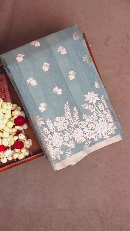 Silk-type Saree - Powder Blue with Silver Jari Border