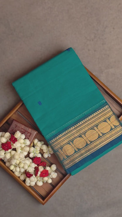 Chettinad Cotton Saree - Teal Green with Antique Gold Jari Border