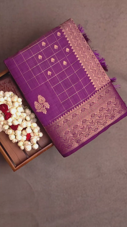Tussar Silk Saree - Deep Purple with Gold Jari Border